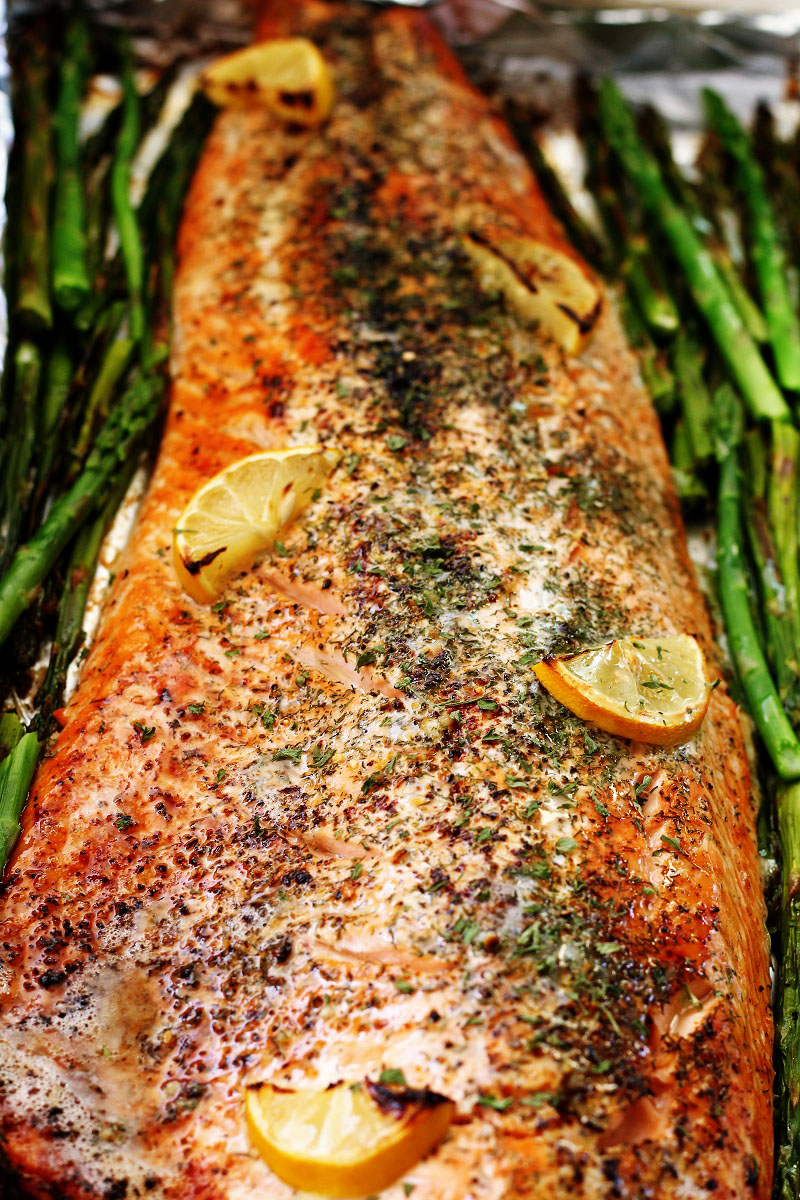 One Pan Salmon and Asparagus with Butter and Dill