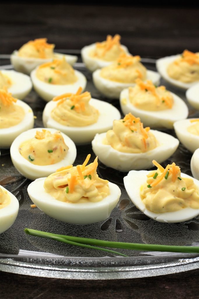 Deviled Eggs with Bacon and Cheddar Cheese